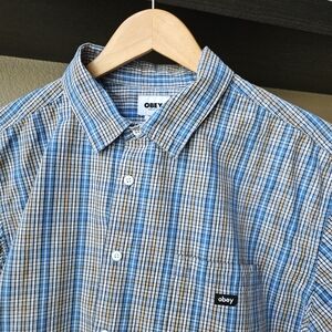 Obey Mens Vintage Style Short Sleeved shirt XL Blue Plaid